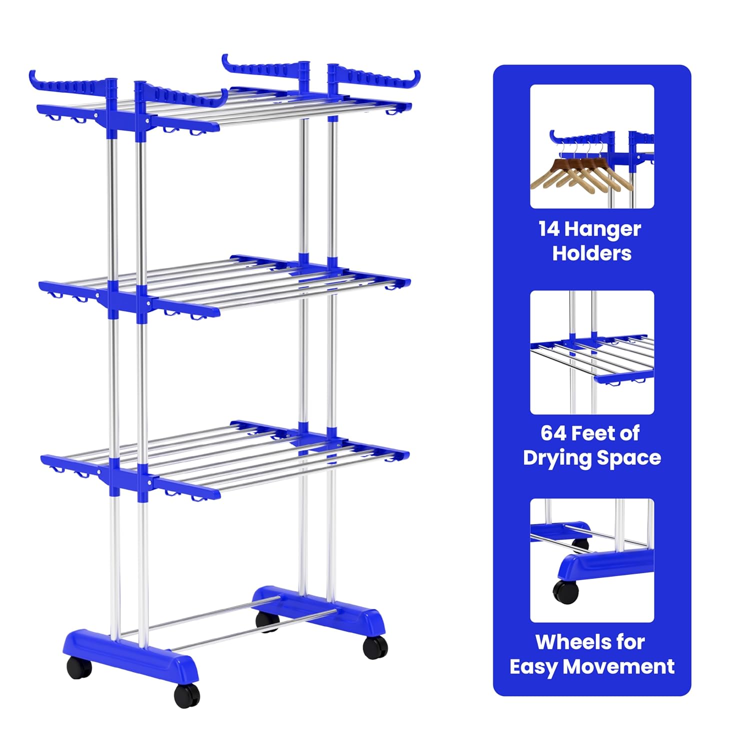 Foldable Cloth Drying Stand Stainless Steel – 3 Tier Heavy-Duty Clothes Dryer for Balcony, Indoor & Outdoor Use | with Wheels & Hanger Slots | Rust-Proof Laundry Rack (Blue, 3 TIRE)