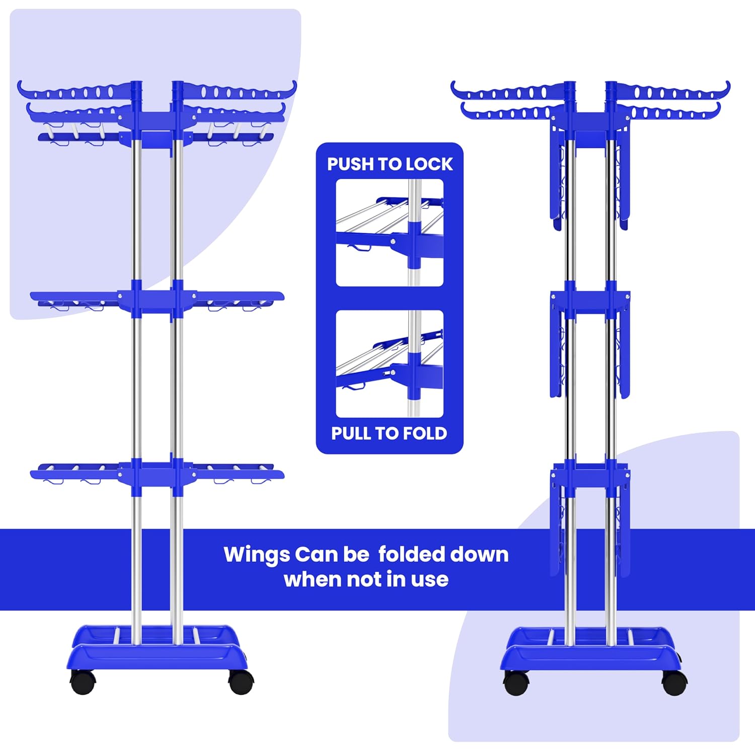 Foldable Cloth Drying Stand Stainless Steel – 3 Tier Heavy-Duty Clothes Dryer for Balcony, Indoor & Outdoor Use | with Wheels & Hanger Slots | Rust-Proof Laundry Rack (Blue, 3 TIRE)