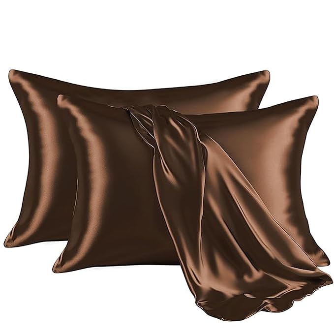 RAGGLE Set of 2 Satin Silk Pillowcase for Hair and Skin Standard Size 18"X 28" with Soft Breathable Smooth Cooling Pillow Covers for Sleeping or Pillow Protector (2, Brown)