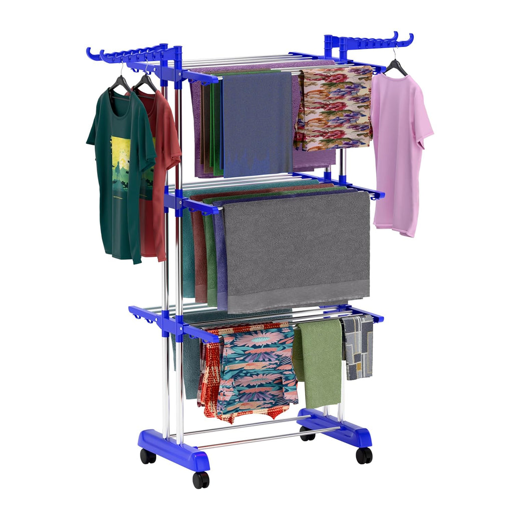 Foldable Cloth Drying Stand Stainless Steel – 3 Tier Heavy-Duty Clothes Dryer for Balcony, Indoor & Outdoor Use | with Wheels & Hanger Slots | Rust-Proof Laundry Rack (Blue, 3 TIRE)
