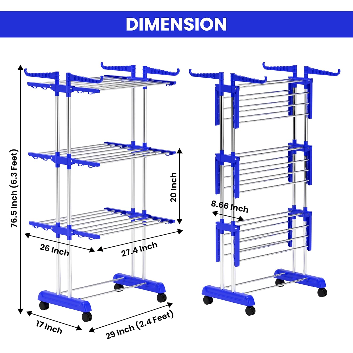 Foldable Cloth Drying Stand Stainless Steel – 3 Tier Heavy-Duty Clothes Dryer for Balcony, Indoor & Outdoor Use | with Wheels & Hanger Slots | Rust-Proof Laundry Rack (Blue, 3 TIRE)