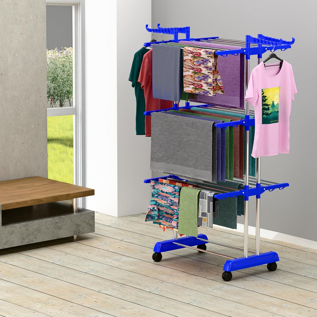 Foldable Cloth Drying Stand Stainless Steel – 3 Tier Heavy-Duty Clothes Dryer for Balcony, Indoor & Outdoor Use | with Wheels & Hanger Slots | Rust-Proof Laundry Rack (Blue, 3 TIRE)