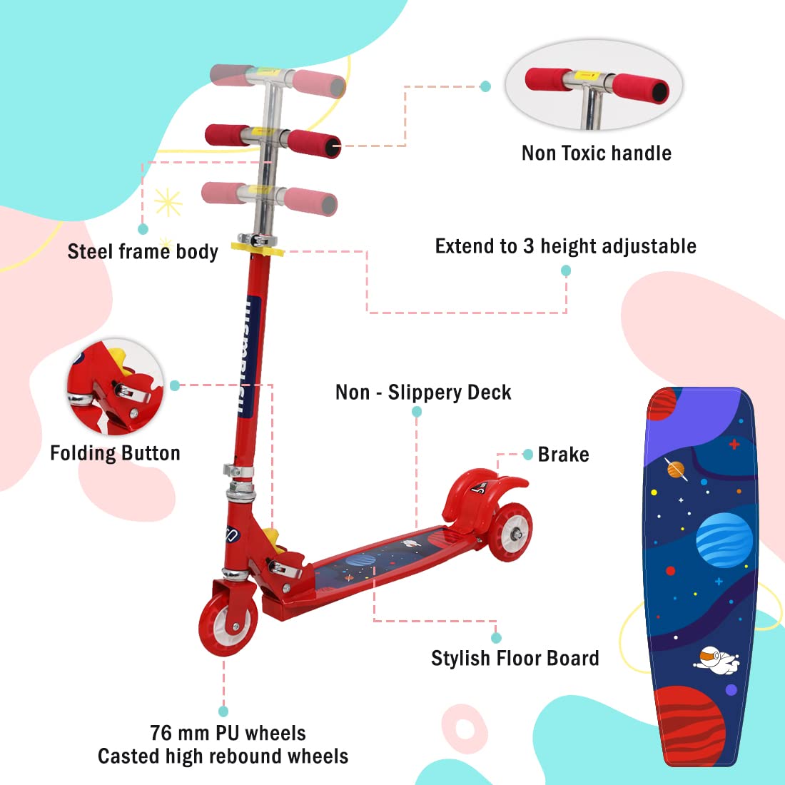 Kick Scooter for Kids 3 Wheels Steel Frame Large Foldable & Height Adjustable Handle Scooter
